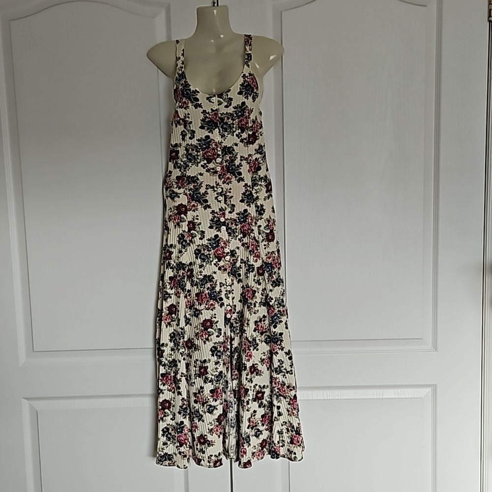 Chablis Floral  Sleeveless Button-Down Maxi Dress XS Cream/ Burgundy